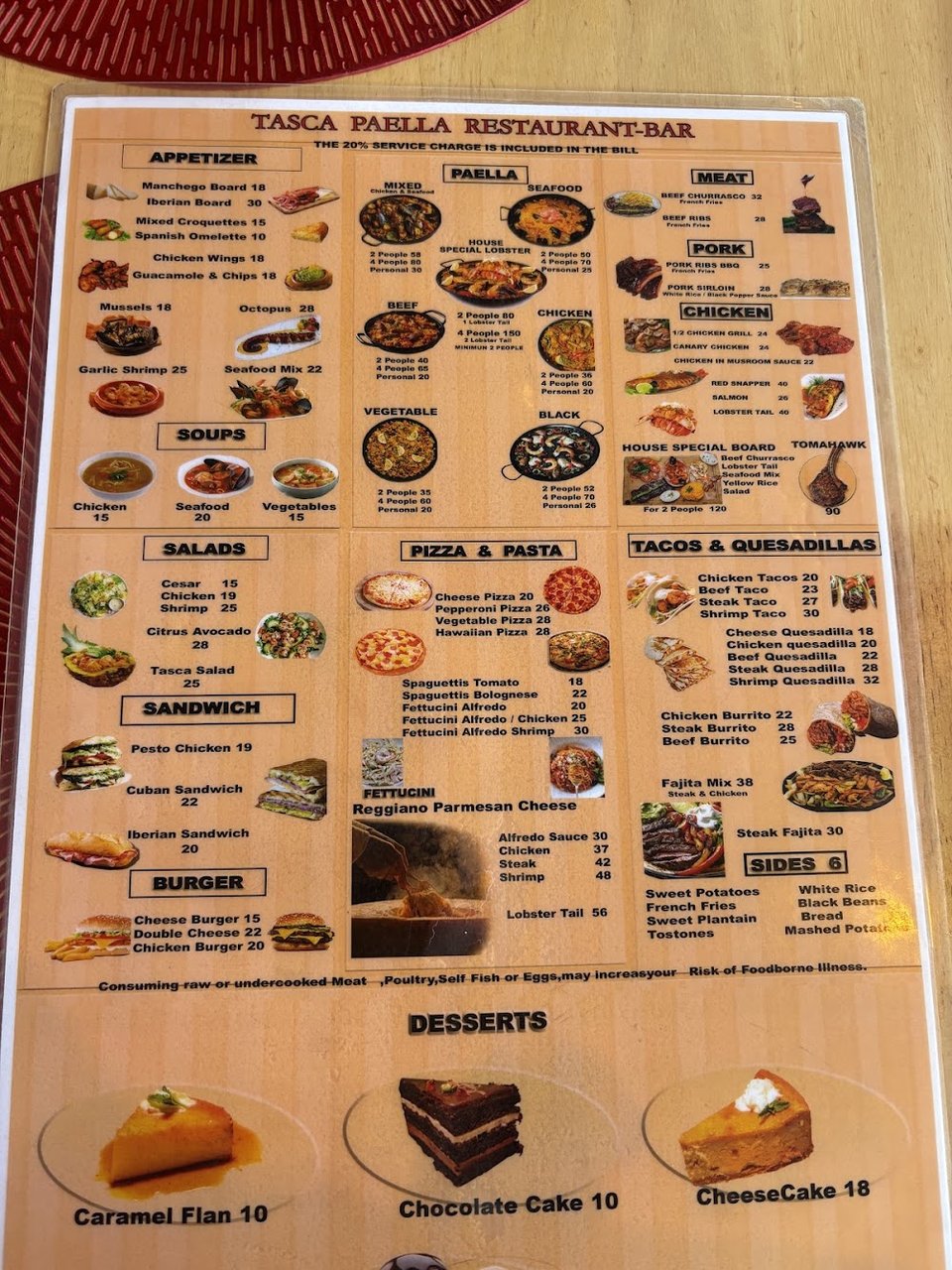 Spanish dishes listed on a restaurant menu