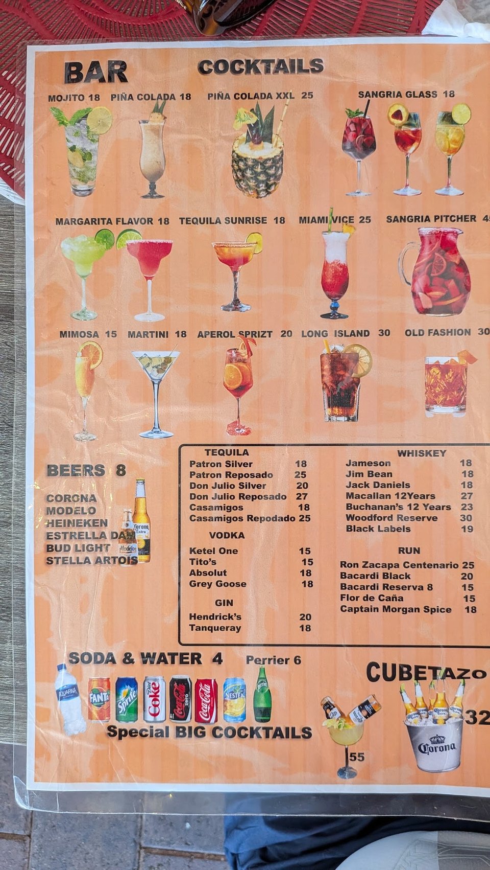 Printed menu featuring mixed and seafood choices